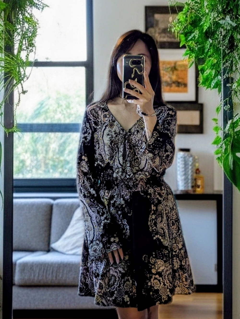 Xhilaration Black Bohemian Floral V-Neck Mini Dress